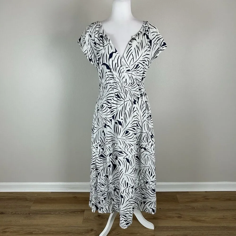 Nicole Miller Shirred Waist Linen Tiered Dress Size M Midi Geometric Preppy